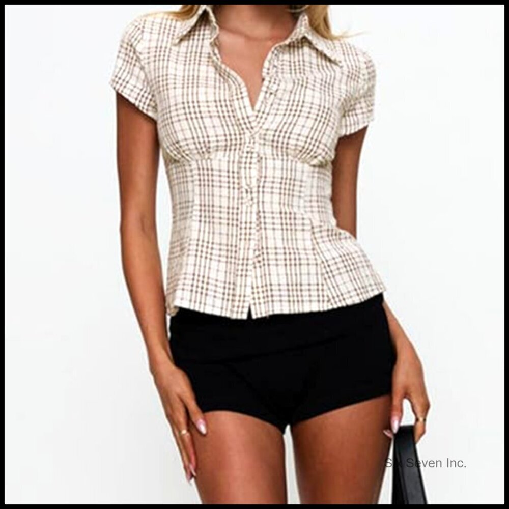Y2K V-Neck Crop Top Short Sleeve Button-Up Blouse Slim Fit Fairycore - Picture 5 of 7